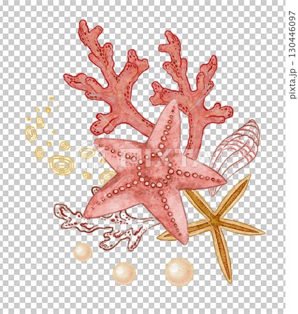 Five pointed red and beige starfish and with coral watercolor design. Hand drawn line art with pearl in colored pencil style. Great for summer card or holiday print. Perfect for coastal project. 130446097