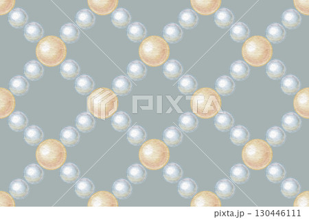 Simple grid seamless pattern with blue and beige pearl on gray background in watercolor. Hand drawn elegant shape in minimal design. Great for vintage fabric or wallpaper. Perfect for luxury print. Simple grid seamless pattern with blue and beige pearl on gray background in watercolor. Hand drawn elegant shape in minimal design. Great for vintage fabric or wallpaper. Perfect for luxury print. 130446111