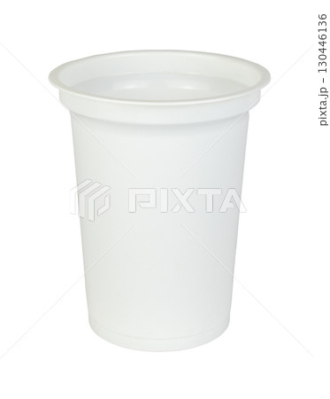 A detailed studio shot of a white plastic food container on a white background 130446136