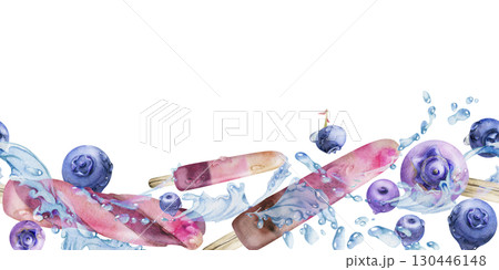Fruit and berry ice pop lolly with blueberries in water waves, drops splashes. Isolated seamless banner border header hand drawn in watercolor. Frozen menu insert, eco snack label, summer cafe flyer. Fruit and berry ice pop lolly with blueberries in water waves, drops splashes. Isolated seamless banner border header hand drawn in watercolor. Frozen menu insert, eco snack label, summer cafe flyer. 130446148
