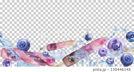 Fruit and berry ice pop lolly with blueberries in water waves, drops splashes. Isolated seamless banner border header hand drawn in watercolor. Frozen menu insert, eco snack label, summer cafe flyer. 130446148