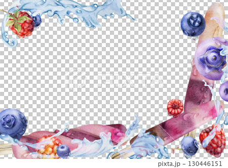 Fruit popsicle with splashing water drops and waves, raspberries and blueberries. Isolated border frame illustration hand drawn in watercolor. Eco snack label, summer promo, tropical dessert branding. 130446151