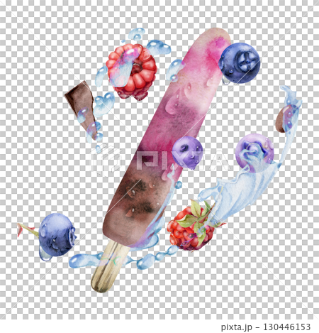 Juicy berry popsicle with scattered raspberries and blueberries in wave swirls of water drops. Isolated illustration hand drawn in watercolor. Organic treat branding, fruit box art, packaging stickers 130446153