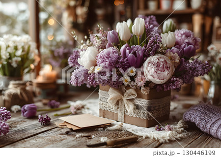 Rustic Spring Floral Arrangement with Tulips and Peonies in a Gift Box for Mother's Day Decor Generative AI 130446199
