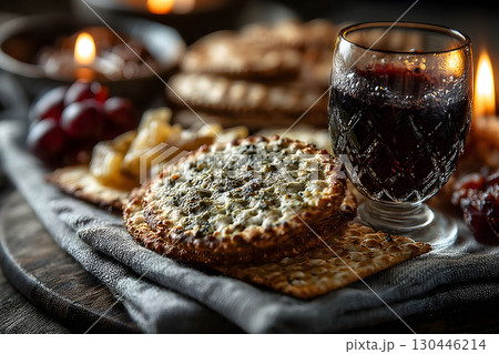Elegant Passover Seder Setting with Wine and Unleavened Bread Generative AI 130446214