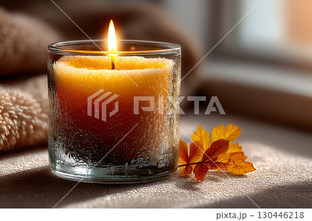Cozy Autumn Candle with Leaves for Seasonal Home Decor and Relaxation Generative AI 130446218