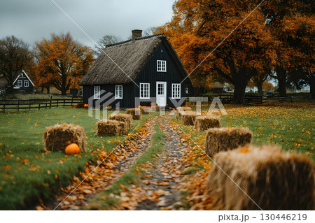 Cozy Autumn Farm Scene with Hay Bales and Rustic Cabin for Seasonal Decor and Prints Generative AI 130446219