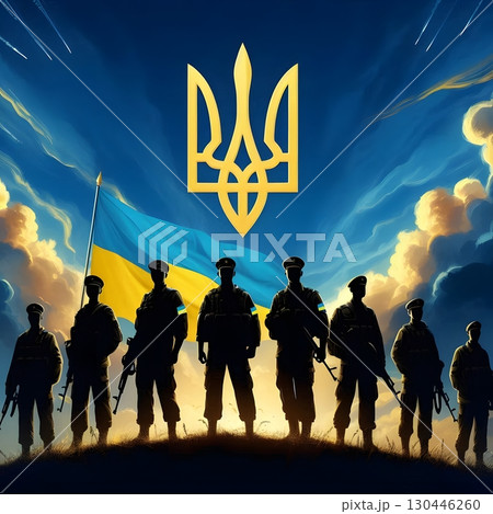 Silhouettes of Ukrainian defenders with national emblem Tryzub and flag colors 130446260