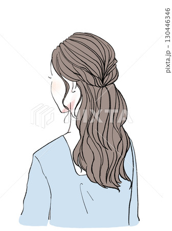 イラスト素材：ヘアスタイル・ヘアアレンジ・ハーフアップ・後ろ姿イラスト素材、イラスト、素材、ノート、 130446346