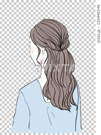 イラスト素材：ヘアスタイル・ヘアアレンジ・ハーフアップ・後ろ姿イラスト素材、イラスト、素材、ノート、 130446346