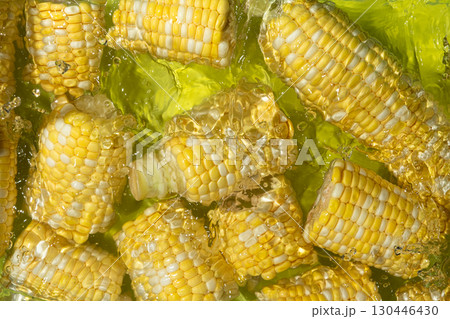 Aesthetic summer bright background of fresh ripe corn cob in water. Aesthetic summer bright background of fresh ripe corn cob in water. 130446430
