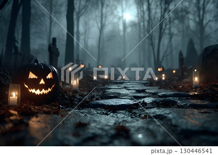 Spooky Halloween Night in a Foggy Graveyard with Jack-o'-Lanterns and Candles Generative AI Spooky Halloween Night in a Foggy Graveyard with Jack-o'-Lanterns and Candles Generative AI 130446541