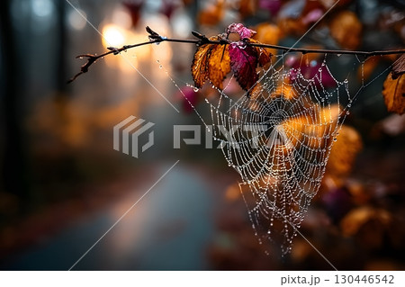 Autumn Morning Spiderweb with Dewdrops and Colorful Foliage in a Misty Forest Generative AI Autumn Morning Spiderweb with Dewdrops and Colorful Foliage in a Misty Forest Generative AI 130446542