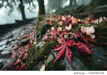 Autumn Foliage on Mossy Forest Pathway for Seasonal Nature Designs Generative AI 130446548