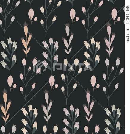 Vector seamless pattern with delicate floral branches in pastel colors on dark background. Elegant rustic botanical texture 130446646