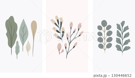 Vector set of posters with scandinavian minimalistic botanical, simple geometric leaves and branches,, hand-drawn clean style, earthy pastel palette. Vector set of posters with scandinavian minimalistic botanical, simple geometric leaves and branches,, hand-drawn clean style, earthy pastel palette. 130446652