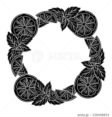 Vector monochrome circle frame with doodle mint leaves, orange slices and copy space. Wreath with black silhouette of peppermint and lemons 130446653