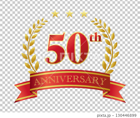 50週年紀念標誌。紅色絲帶和裝飾框。 130446899