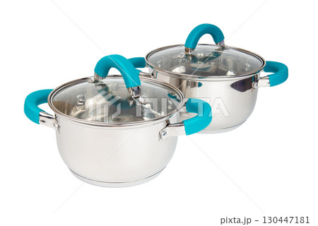 Set of for stainless steel cooking pot isolated over white background with clipping path. 130447181