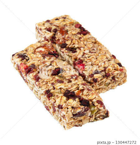 Granola bar cereal superfood energy nuts with berries isolated on white background 130447272