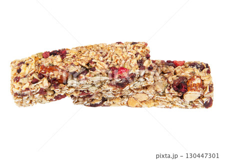 Granola bar cereal superfood energy nuts with berries isolated on white background Granola bar cereal superfood energy nuts with berries isolated on white background 130447301