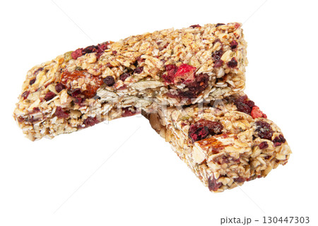 Granola bar cereal superfood energy nuts with berries isolated on white background 130447303