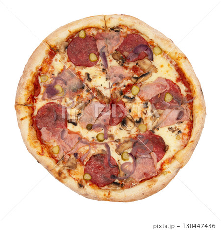 A slice of pizza bacon, ingredient becon and mozarella, isolated on white A slice of pizza bacon, ingredient becon and mozarella, isolated on white 130447436