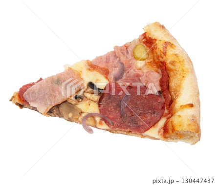 A slice of pizza bacon, ingredient becon and mozarella, isolated on white 130447437
