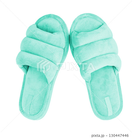 Pair of soft fluffy slippers on white background 130447446