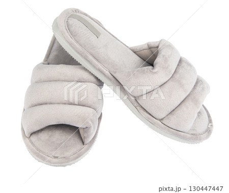 Pair of soft fluffy slippers on white background Pair of soft fluffy slippers on white background 130447447