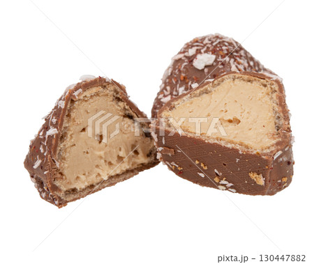 Chocolate wafer candy crispy sweets with filling isolated on the white Chocolate wafer candy crispy sweets with filling isolated on the white 130447882