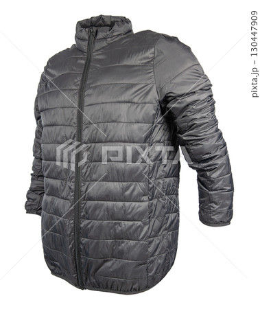 Men's black warm sport puffer jacket isolated on white background. 130447909
