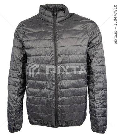 Men's black warm sport puffer jacket isolated on white background. 130447910