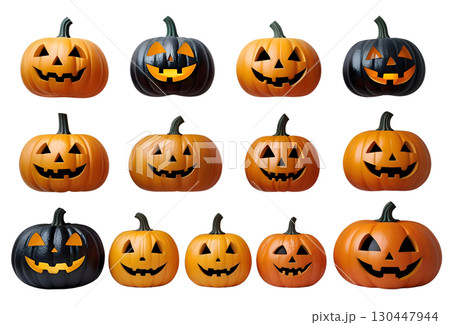 オレンジ色と黒色のハロウィンカボチャのセット 130447944