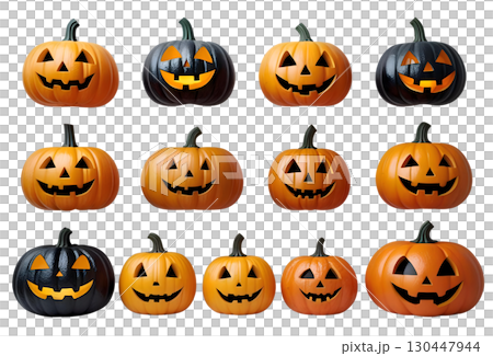オレンジ色と黒色のハロウィンカボチャのセット 130447944
