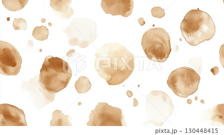 Watercolor coffee stain pattern on white background with abstract circular shapes 130448415
