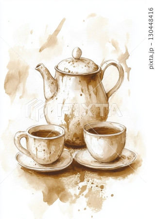 Vintage teapot and cups still life in watercolor style 130448416