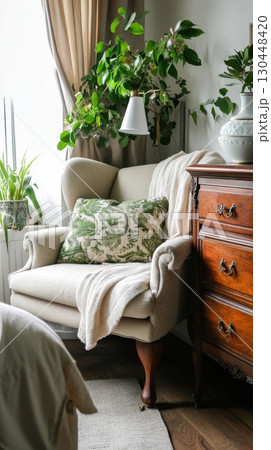 Cozy reading nook with armchair and indoor plants by window in sunlit room 130448420