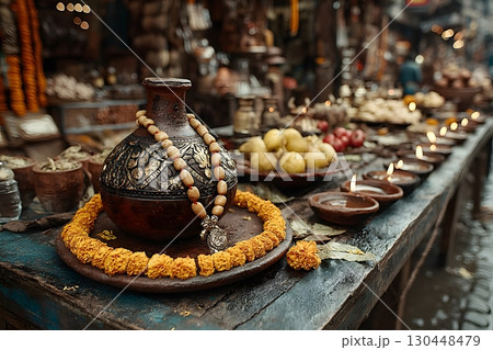 Traditional Indian Market Stall with Earthenware, Marigolds, and Cultural Offerings Generative AI 130448479