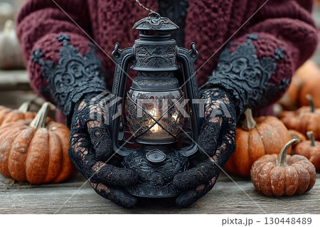 Vintage Lantern and Pumpkins for Elegant Halloween or Autumn Decor Ideas Generative AI Vintage Lantern and Pumpkins for Elegant Halloween or Autumn Decor Ideas Generative AI 130448489