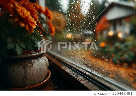 Cozy Autumn Window View with Raindrops and Chrysanthemums for Seasonal Decor Generative AI Cozy Autumn Window View with Raindrops and Chrysanthemums for Seasonal Decor Generative AI 130448491