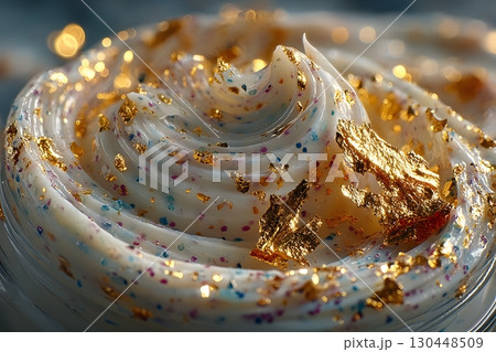 Luxurious Gold-Leaf Decorated Frosting Swirls with Colorful Sprinkles for Elegant Dessert Design Generative AI 130448509