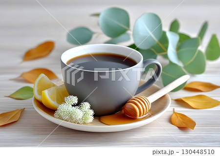 Autumn Tea with Lemon, Honey, and Eucalyptus Leaves for Relaxation and Wellness Generative AI 130448510
