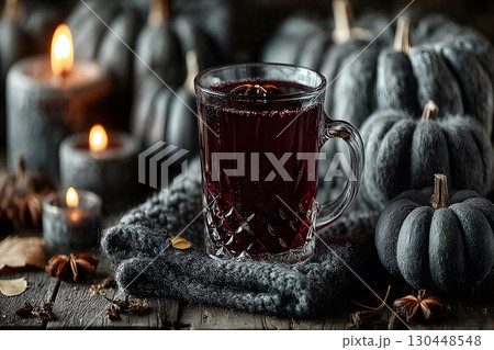 Cozy Autumn Hygge Scene with Mulled Wine and Gray Pumpkins for Halloween Decor Generative AI Cozy Autumn Hygge Scene with Mulled Wine and Gray Pumpkins for Halloween Decor Generative AI 130448548