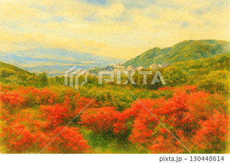伊香保温泉　長峰公園　山つつじ　水彩画風 130448614