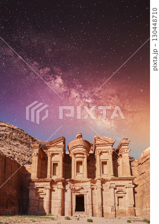 Historic Petra Monastery under a Starry Sky at Dusk 130448710