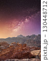 Night sky over rugged mountains in a desert landscape during twilight 130448712