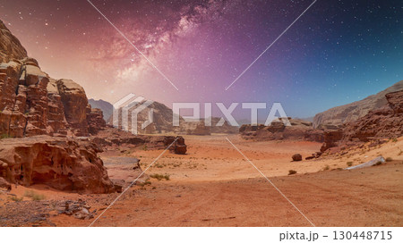 Stunning night sky over Wadi Rum desert showcasing the Milky Way and unique rock formations Stunning night sky over Wadi Rum desert showcasing the Milky Way and unique rock formations 130448715