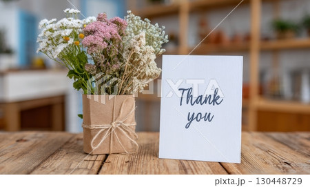 Thank you card displayed alongside a lovely arrangement of flowers in a warm and inviting space 130448729