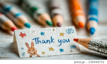 A thank you card with a handwritten message is surrounded by vibrant art supplies conveying appreciation 130448732